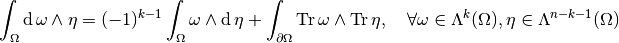 \int_{\Omega} \diff \omega \wedge \eta = (-1)^{k-1} \int_{\Omega} \omega \wedge \diff \eta + \int_{\partial \Omega} \trace \omega \wedge \trace \eta, ~~~ \forall \omega \in \Lambda^{k}(\Omega), \eta \in \Lambda^{n-k-1}(\Omega)