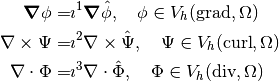 \Grad \phi =& \icurl \Grad \hat{\phi} , \quad \phi \in \Vgrad
\\
\Curl \Psi =& \idiv \Curl \hat{\Psi} , \quad \Psi \in \Vcurl
\\
\Div \Phi =& \iltwo \Div \hat{\Phi} , \quad \Phi \in \Vdiv