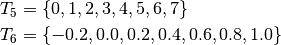 T_5 &= \{0, 1, 2, 3, 4, 5, 6, 7 \}
\\
T_6 &= \{-0.2, 0.0, 0.2, 0.4, 0.6, 0.8, 1.0 \}