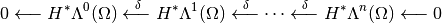 0 \xleftarrow{\quad} H^* \Lambda^0(\Omega) \xleftarrow{~\delta~} H^* \Lambda^1(\Omega) \xleftarrow{~\delta~} \cdots \xleftarrow{~\delta~} H^* \Lambda^n(\Omega) \xleftarrow{\quad} 0