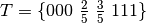T=\{000~\frac{2}{5}~\frac{3}{5}~111 \}