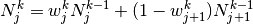 N_j^k = w_j^k N_j^{k-1} + ( 1 - w_{j+1}^k ) N_{j+1}^{k-1}