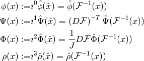 \phi (x) :=& \igrad \hat{\phi} (\hat{x}) = \hat{\phi}(\mathcal{F}^{-1}(x))
\\
\Psi (x) :=& \icurl \hat{\Psi} (\hat{x}) = \left( D \mathcal{F} \right)^{-T} \hat{\Psi}(\mathcal{F}^{-1}(x))
\\
\Phi (x) :=& \idiv \hat{\Phi} (\hat{x})  = \frac{1}{J} D \mathcal{F} \hat{\Phi}(\mathcal{F}^{-1}(x))
\\
\rho (x) :=& \iltwo \hat{\rho} (\hat{x}) = \hat{\rho}(\mathcal{F}^{-1}(x))