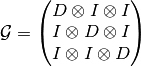 \mathcal{G} =
\begin{pmatrix}
  D \otimes I \otimes I
  \\
  I \otimes D \otimes I
  \\
  I \otimes I \otimes D
\end{pmatrix}