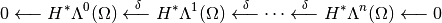 0 \xleftarrow{\quad} H^* \Lambda^0(\Omega) \xleftarrow{~\delta~} H^* \Lambda^1(\Omega) \xleftarrow{~\delta~} \cdots \xleftarrow{~\delta~} H^* \Lambda^n(\Omega) \xleftarrow{\quad} 0